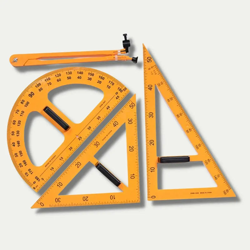 Mathematics teaching tools set with orange and black triangle rulers, protractor, and chalk compass