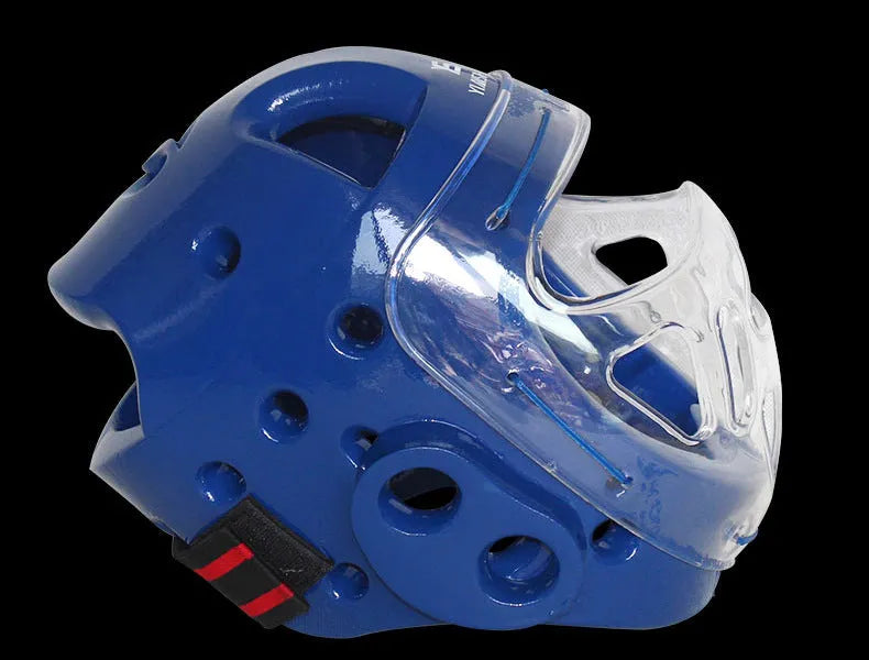 Karate boxing helmet head protection equipment in white, blue, or red colours
