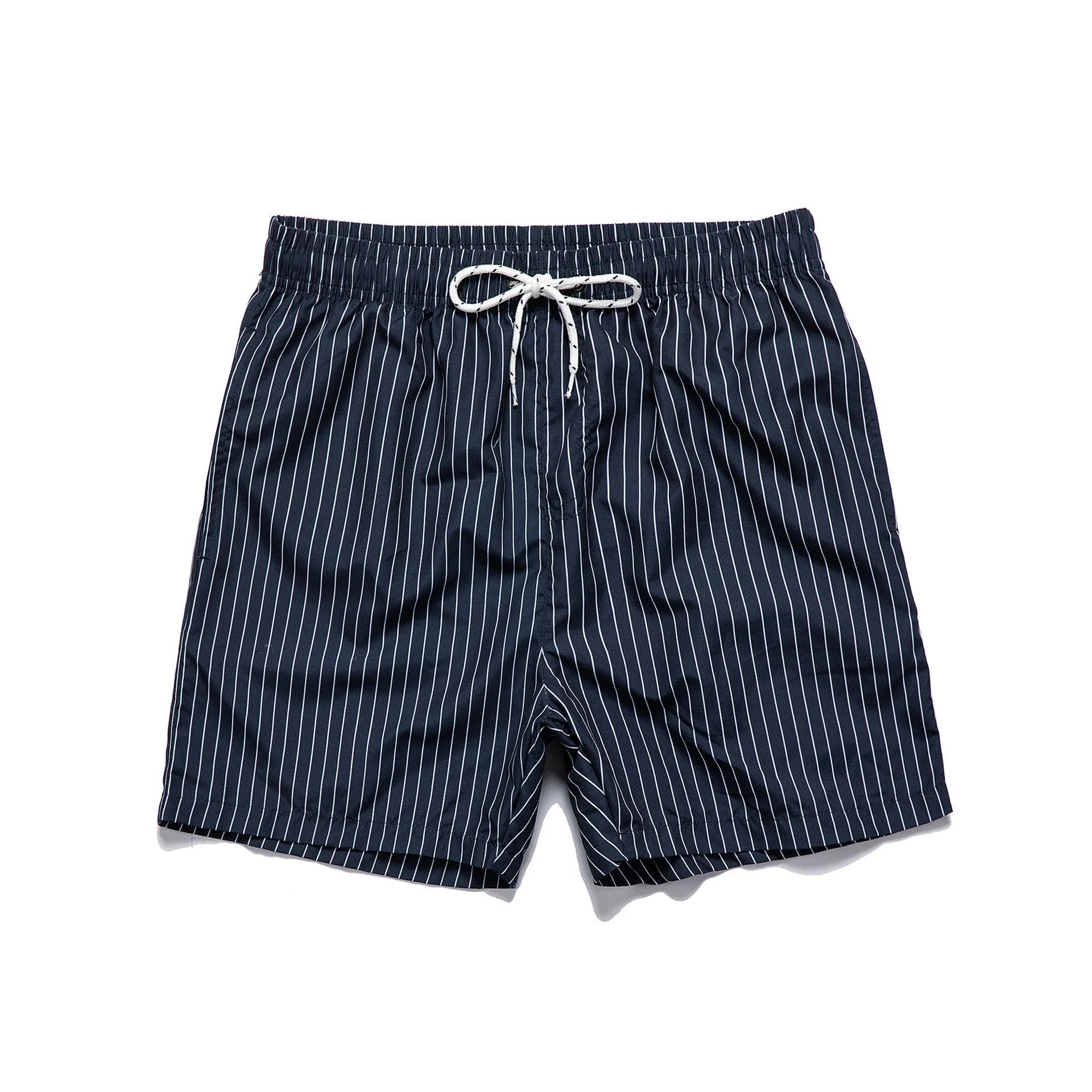 Navy blue and grey striped beach shorts with a straight leg opening on a mannequin.