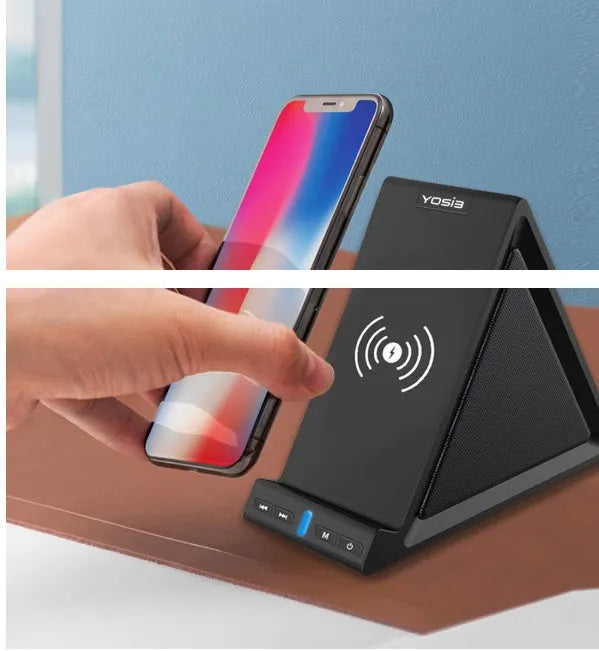 Black multifunctional Bluetooth speaker with integrated phone holder and wireless charging pad showing front and side views.