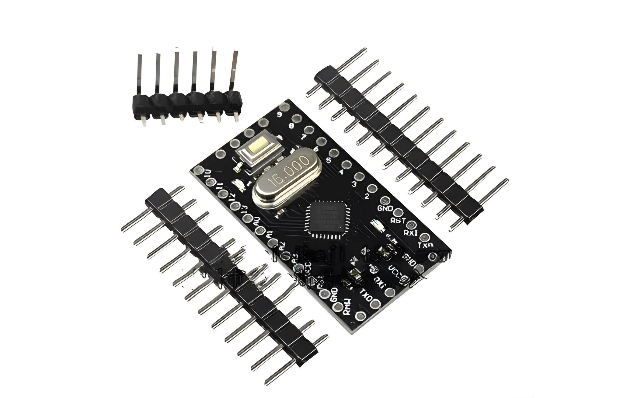 Mini Pro Atmega328P-AU microcontroller circuit board showing pin headers and components.