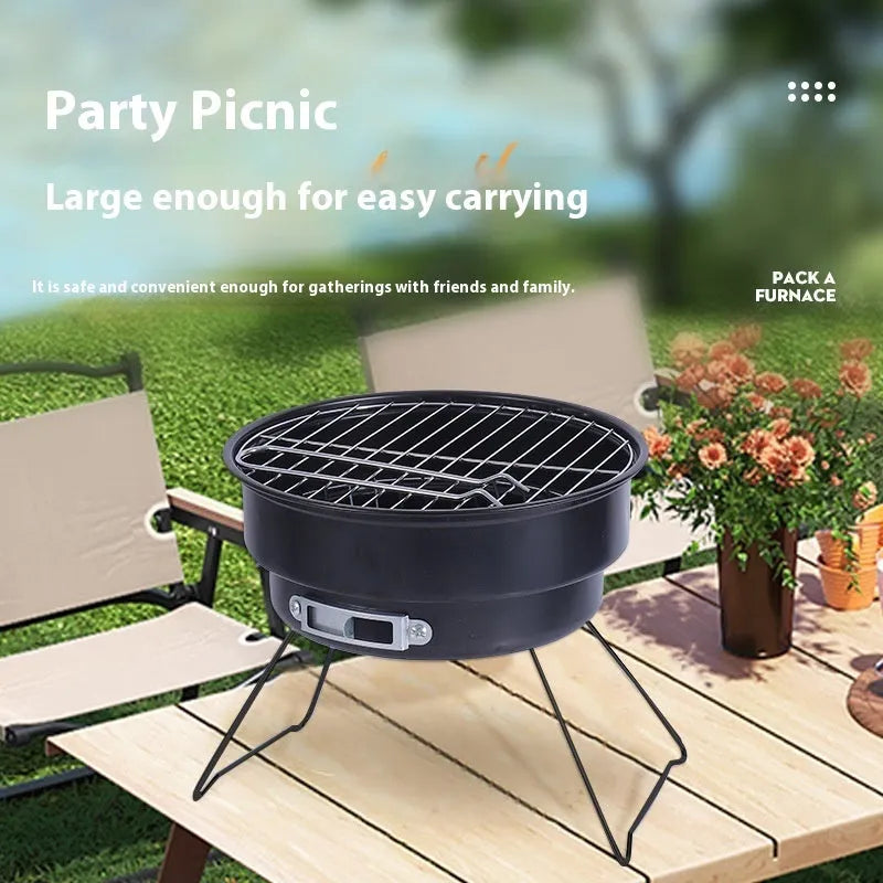 Small round folding ice stove with mesh grill and detachable legs for portable outdoor barbecue