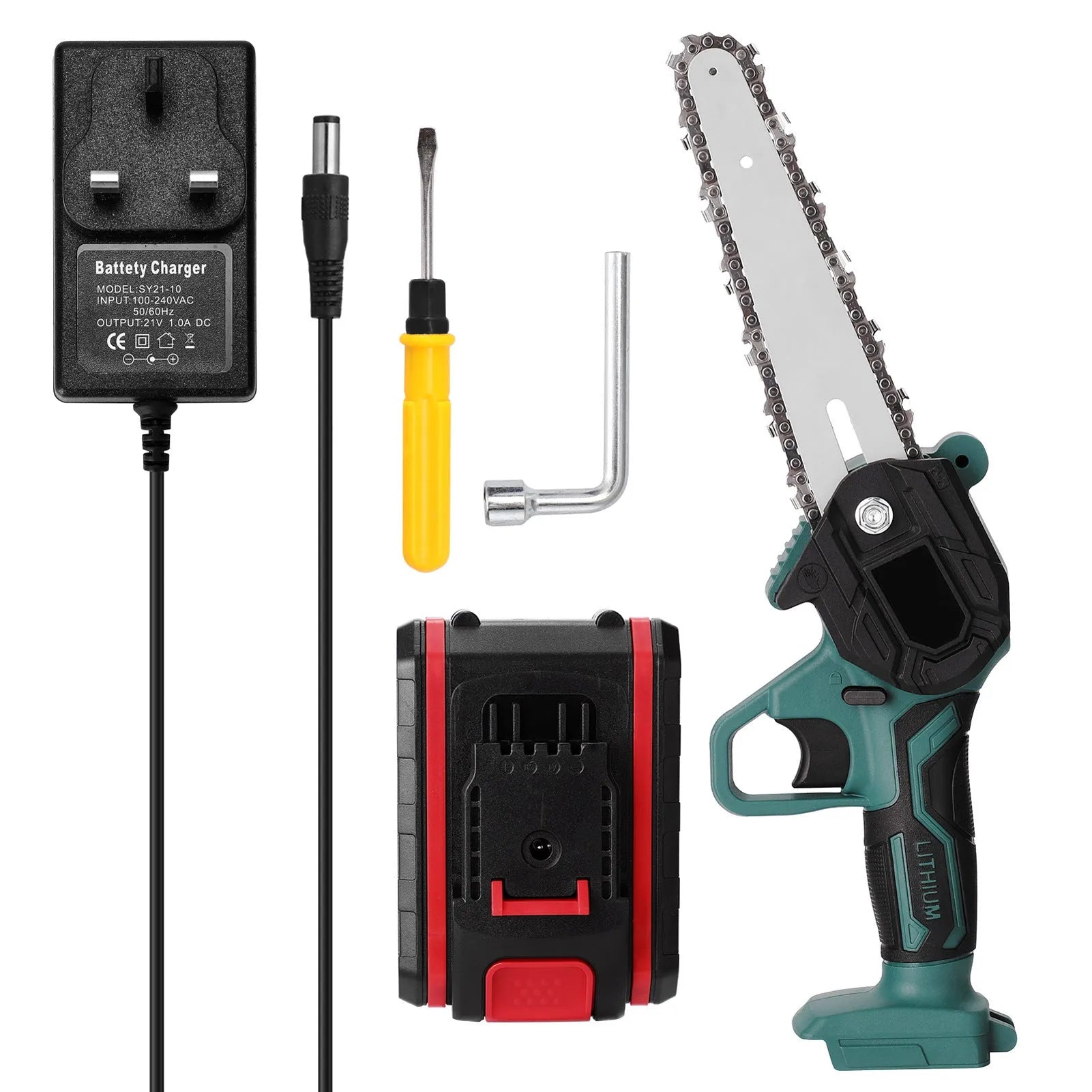 Black cordless mini electric chainsaw with 4-inch bar held in one hand for garden use.
