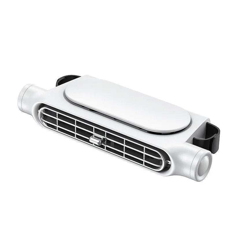 2024 model USB-powered car fan with velcro strips for mounting, shown in black, white, and beige colour options.