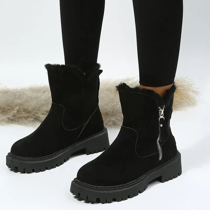 Black high-top women's snow boots with side zipper and faux fur cuff