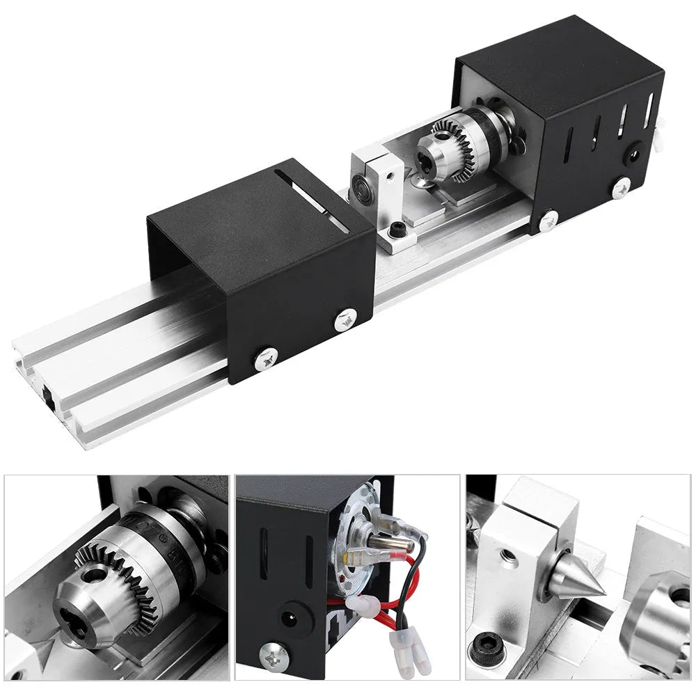 Silver metal mini manual woodworking lathe with carving knives on a workbench.