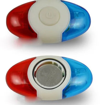 Red and blue LED bicycle tail light with adjustable mounting base in horizontal and vertical positions
