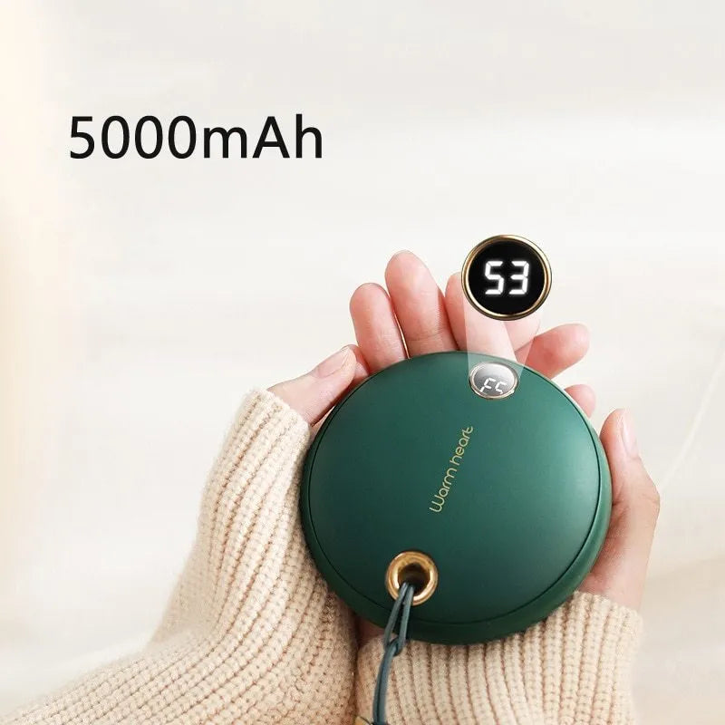 Square green hand warmer power bank with digital display showing battery percentage and Type-C charging port