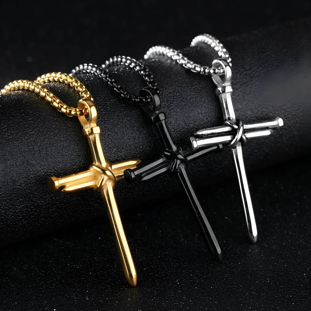 Titanium steel cross pendant necklace with steel nails motif, available in black golden silver colours
