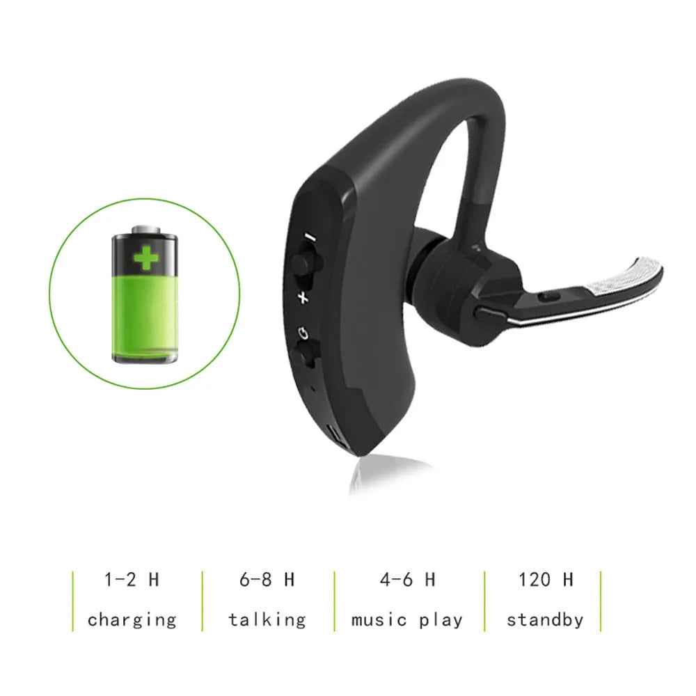 V9 Jerry black wireless Bluetooth headset with earbud and microphone for hands-free calls on smartphones.