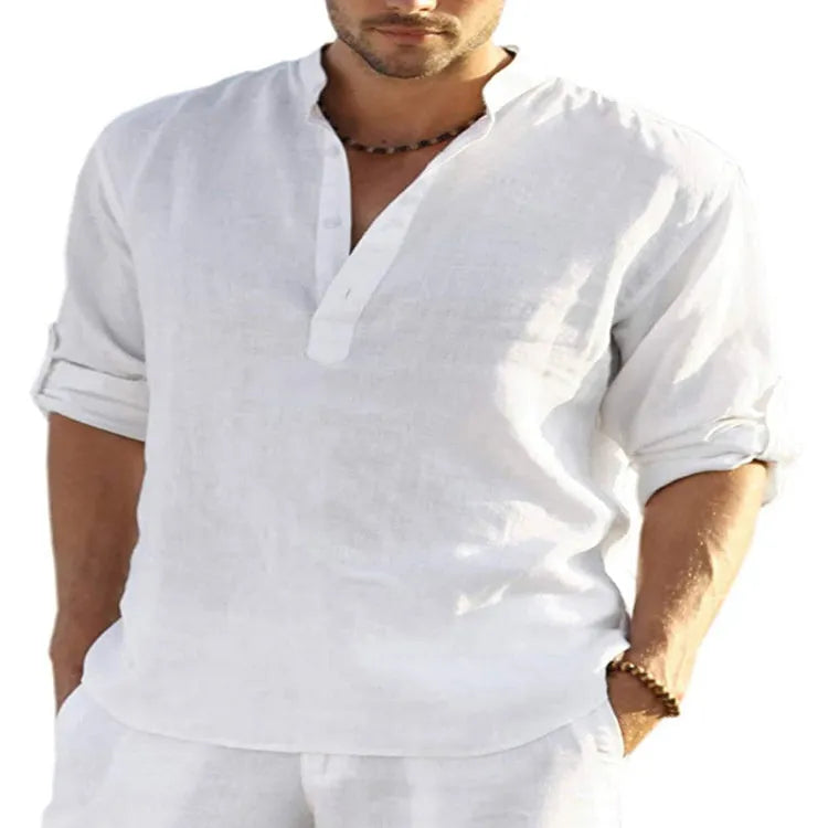 Men's solid colour cotton linen casual shirt with stand collar and long sleeves.