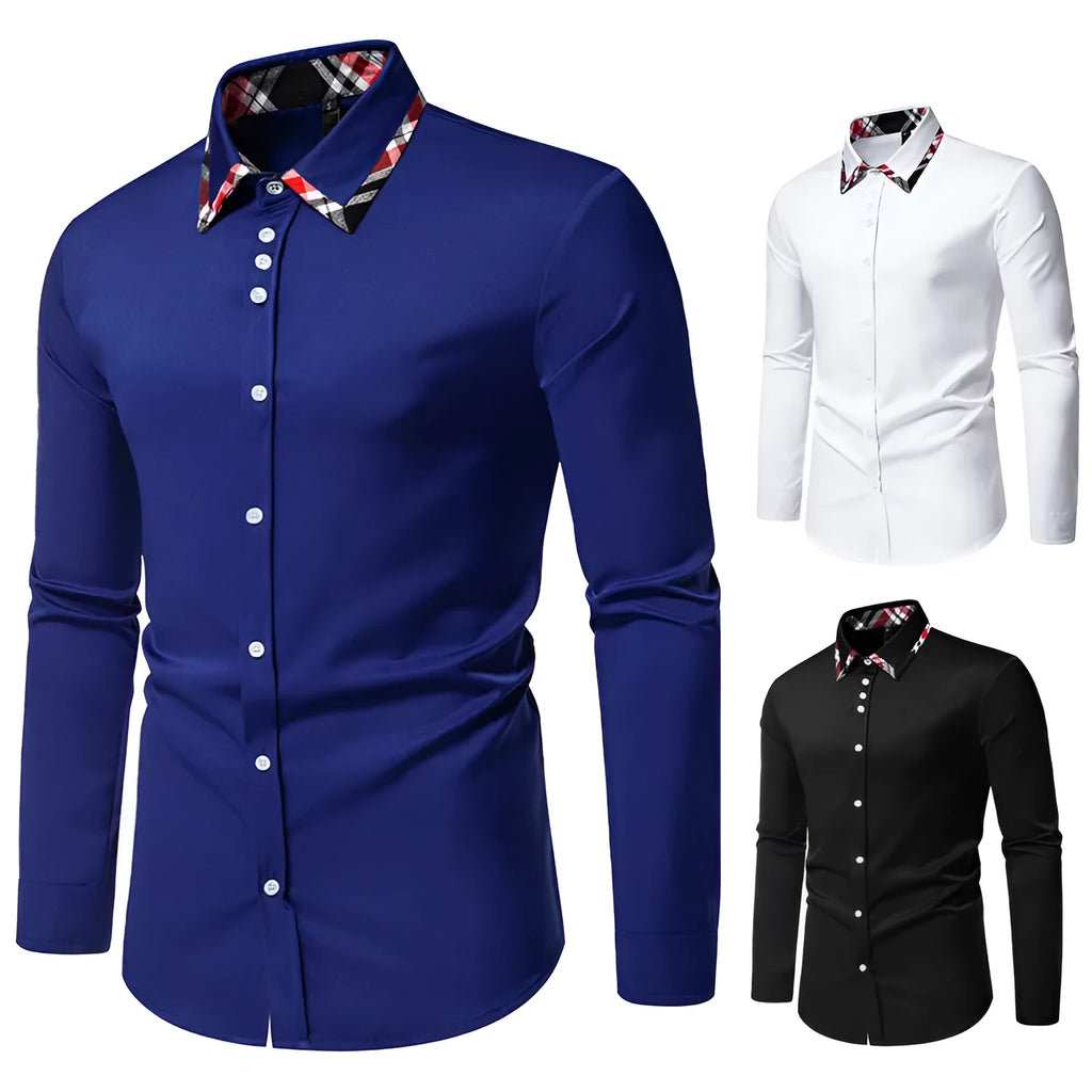 Men's plaid long sleeve shirt with a triangle collar in blue, black, or white.