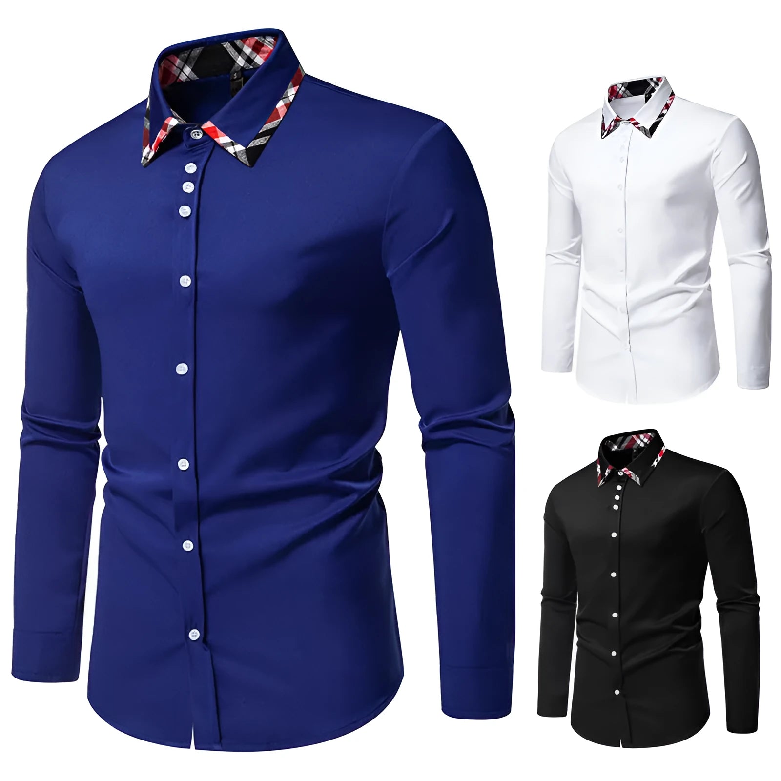 Men's plaid long sleeve shirt with a triangle collar in blue, black, or white.