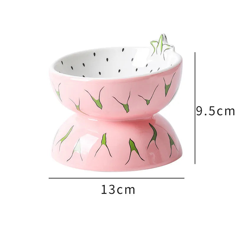 Ceramic elevated cat bowl with tilted design in orange, pitaya, or watermelon patterns