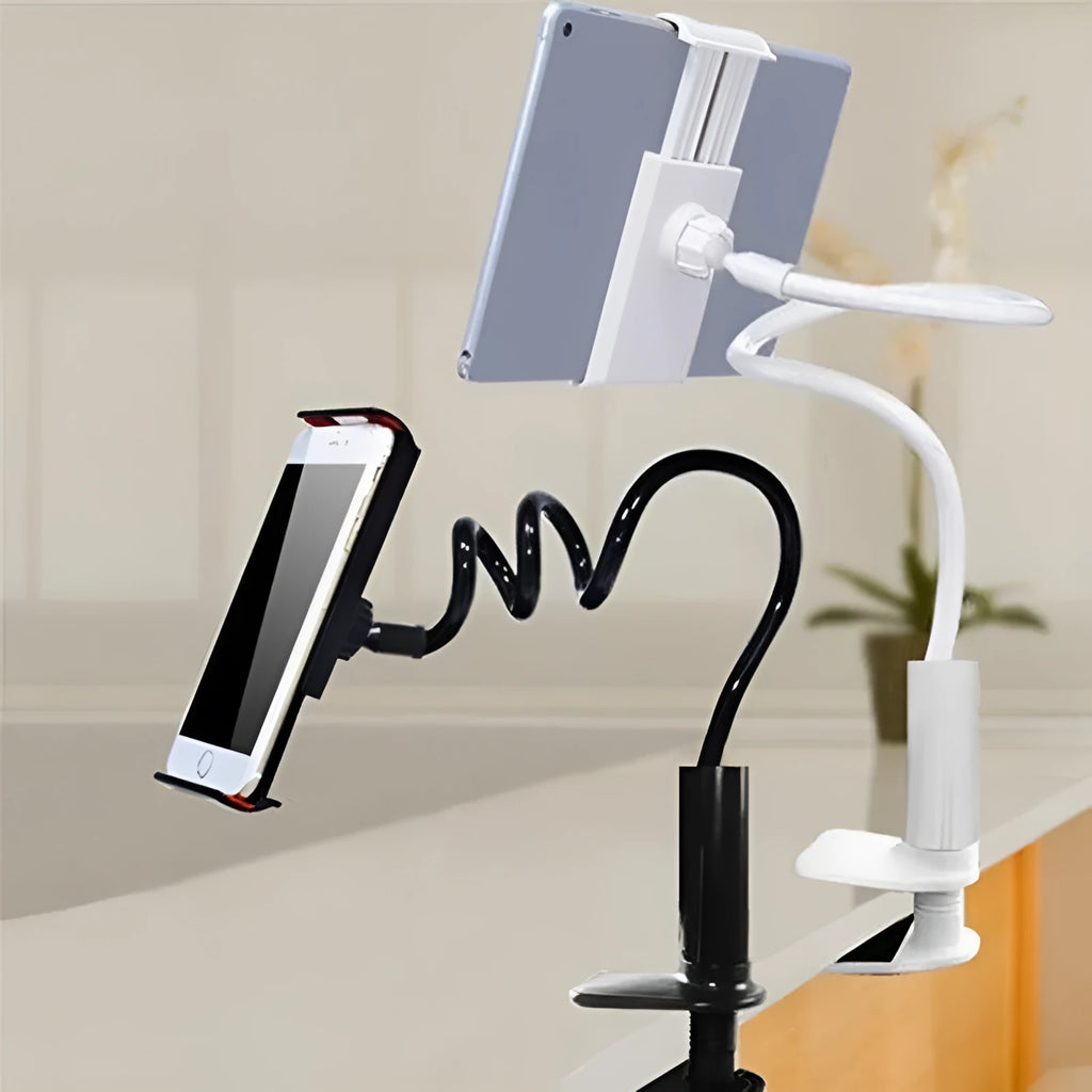 Black flexible tablet mount holder with suction base showing 360-degree rotating clamp