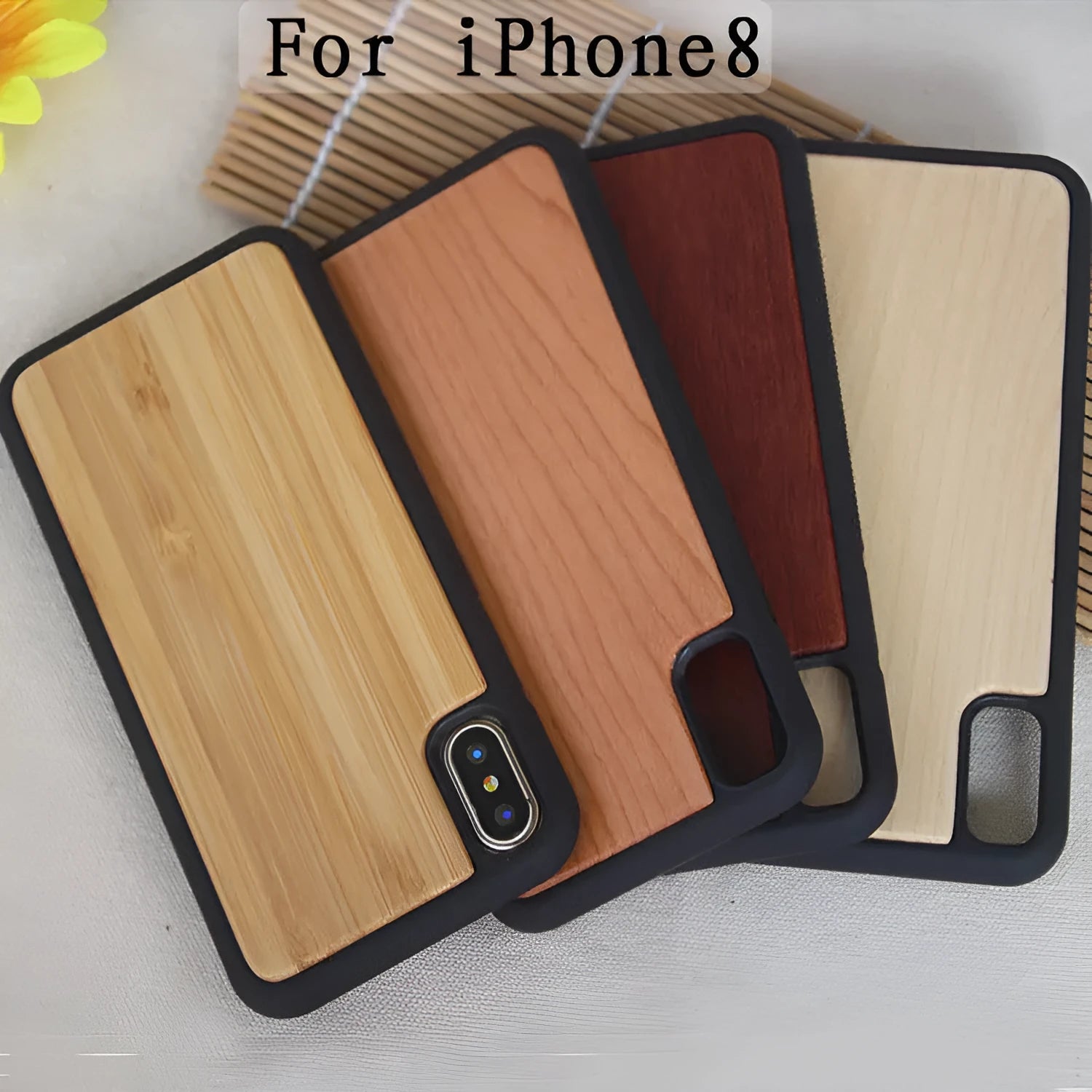 Wooden phone case with natural bamboo back and black TPU sides for iPhone