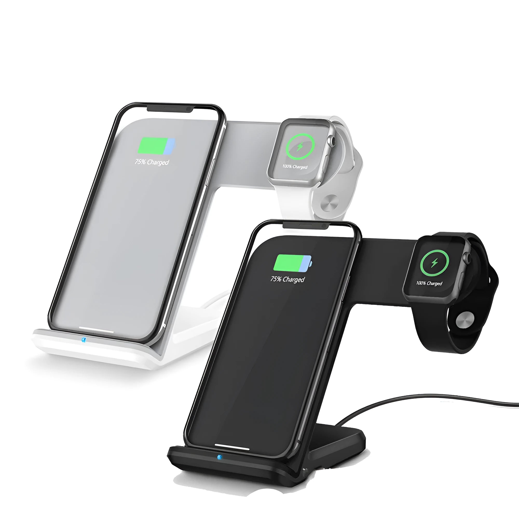 Black and white wireless phone charger with Type-C cable showing compact dimensions