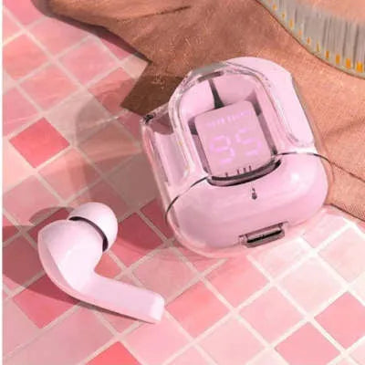 Transparent case true wireless Bluetooth earphones showing digital display with black, white, blue, green, and peach colour options