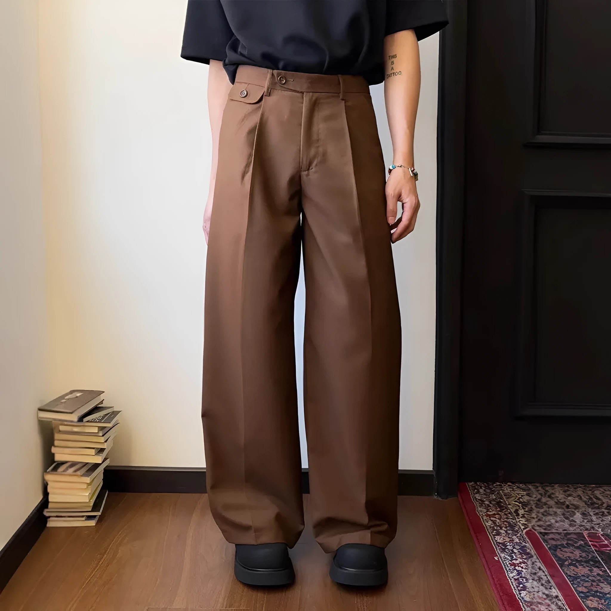 Men's straight-leg casual trousers with loose wide-leg fit in polyester blend fabric