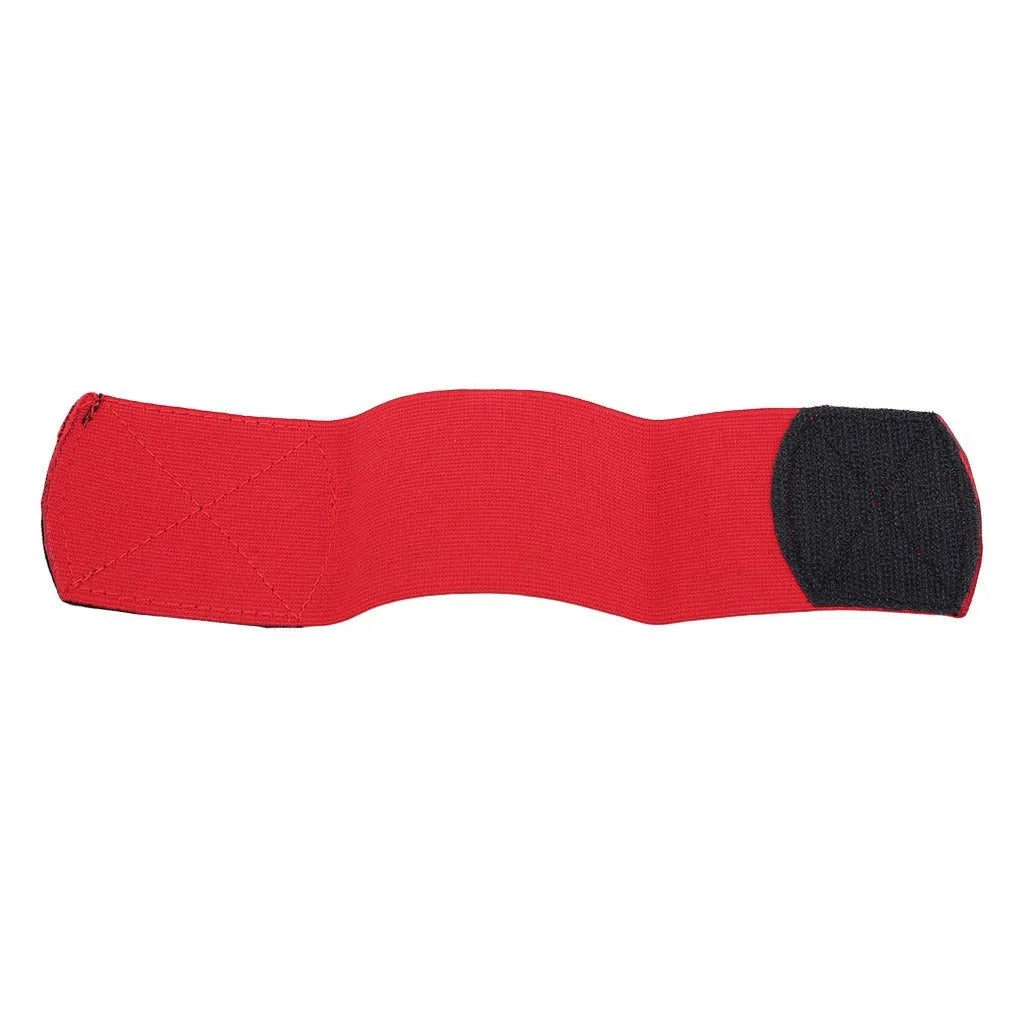 Red rubber football shin guard tape belt showing 25cm length and elastic construction