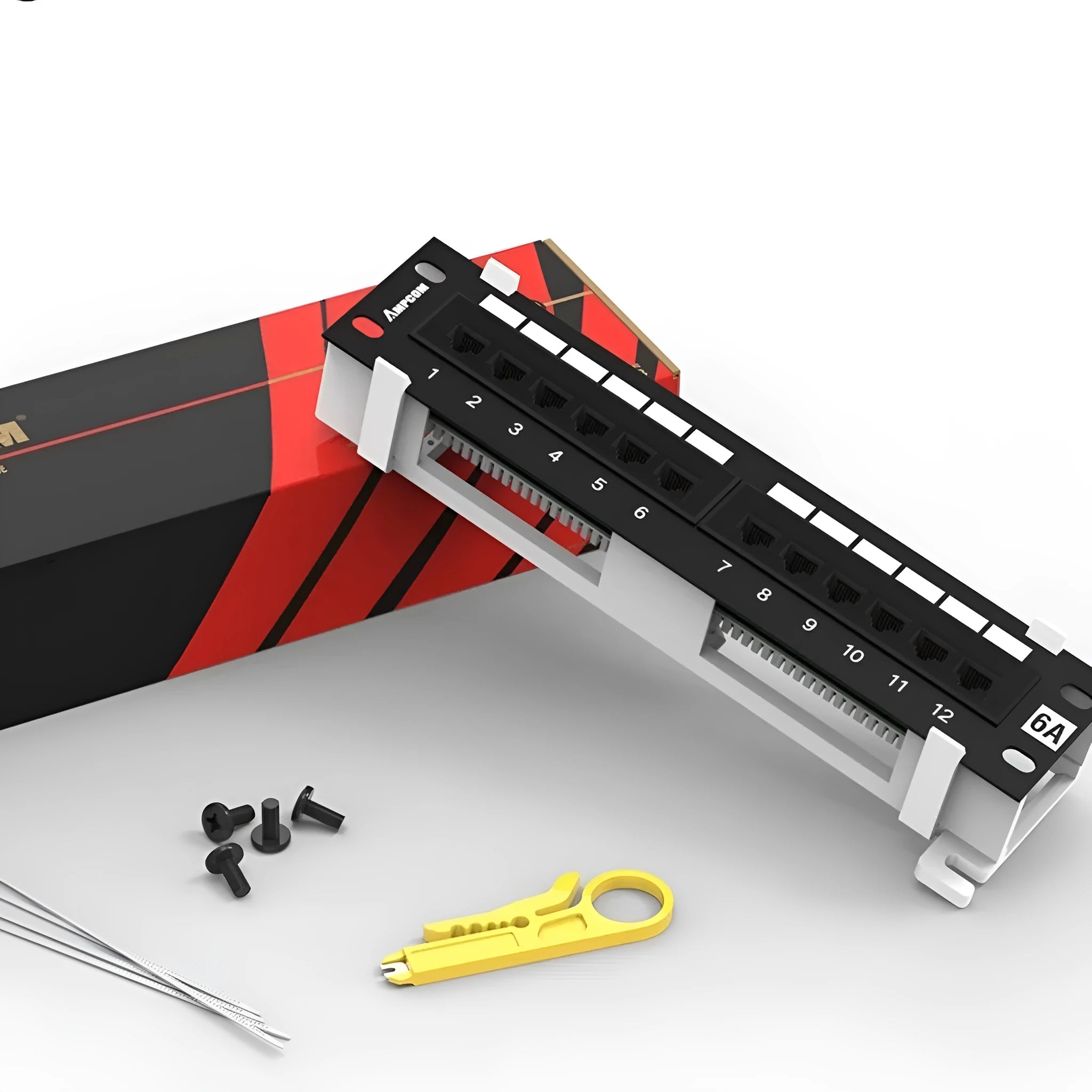 Black 12-port network distribution frame with cold rolled steel construction