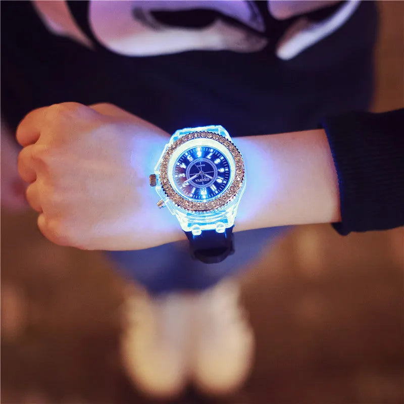 Women's LED luminous watch with round 43mm dial and coloured silicone strap