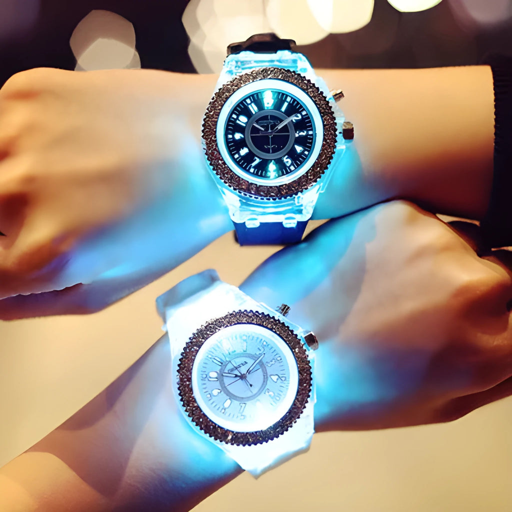 Women's LED luminous watch with round 43mm dial and coloured silicone strap