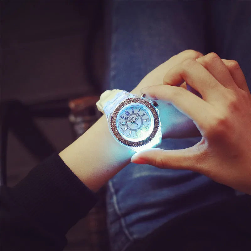 Women's LED luminous watch with round 43mm dial and coloured silicone strap