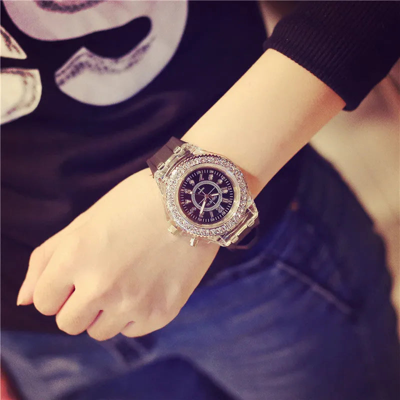 Women's LED luminous watch with round 43mm dial and coloured silicone strap