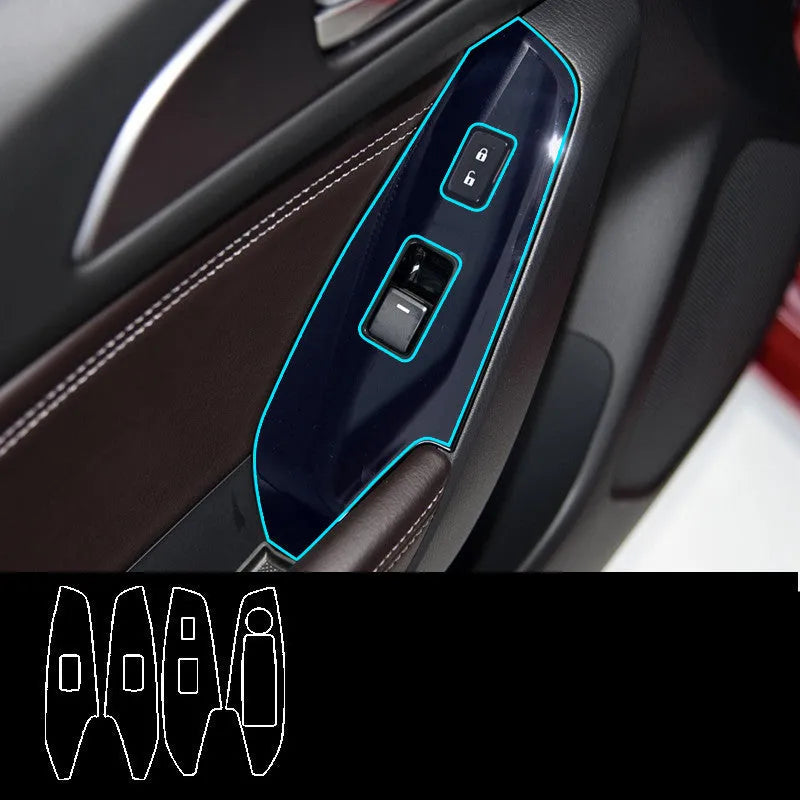 Four TPU protective films for 14-19 US/Canadian car dashboard door control panels in transparent and carbon fibre black