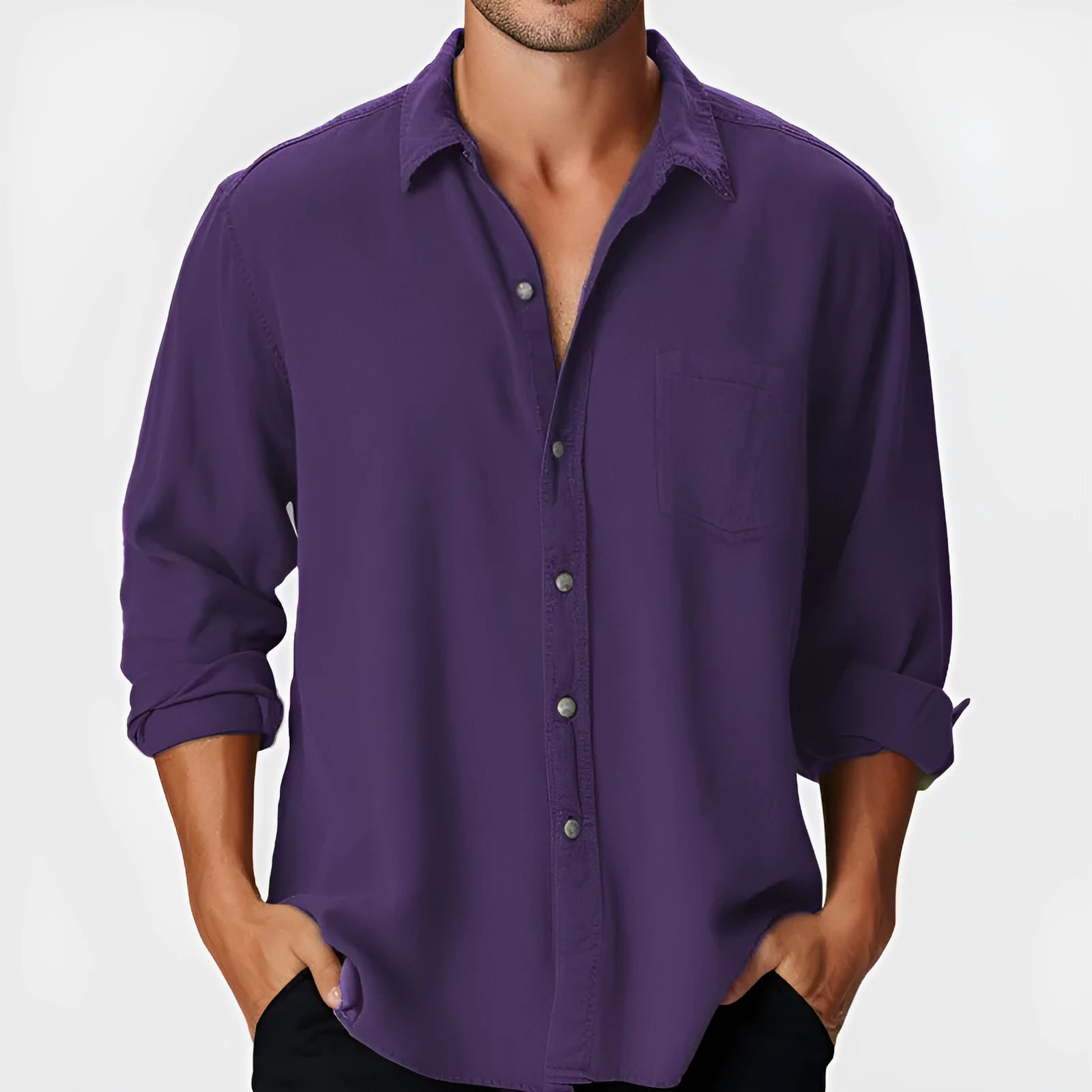 Men's loose-fit beach holiday shirt with stand collar and long sleeves in blue colour option