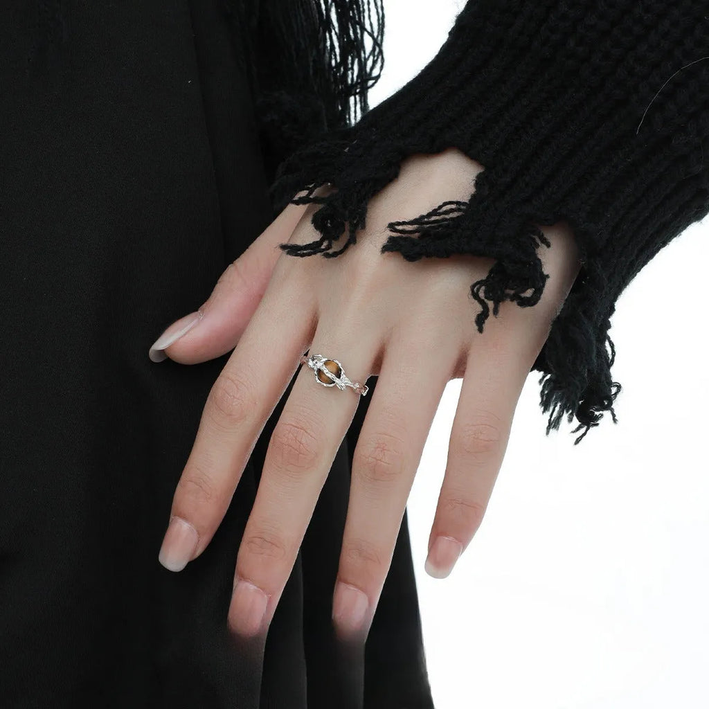 Adjustable opening Saturn ring in white gold colour electroplated silver with tigereye design