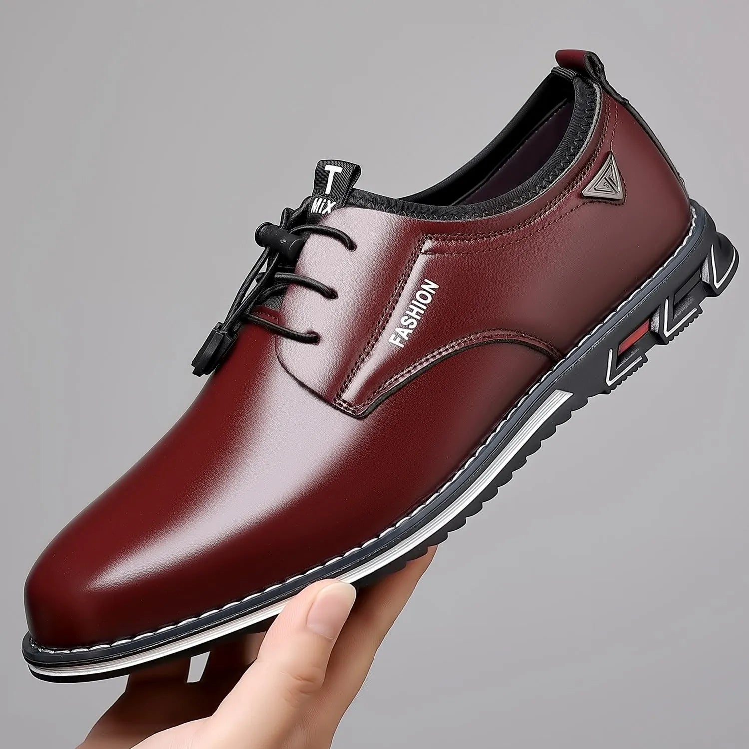 Men's plus size casual leather shoes – round toe wedge heel PU leather with stitching, elastic band closure, black colour