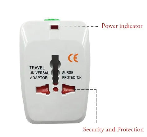 A compact white universal travel plug converter on a plain background.
