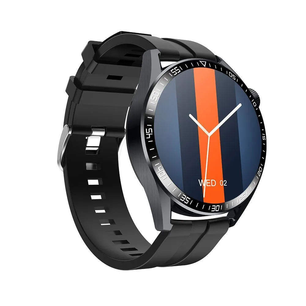 GS3 Max black smartwatch with IPS screen on a silicone strap, showing health stats interface.