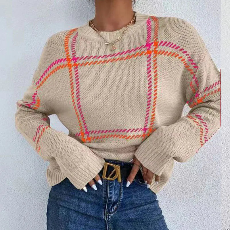 Women's loose fit plaid colour-block acrylic pullover sweater with striped pattern.