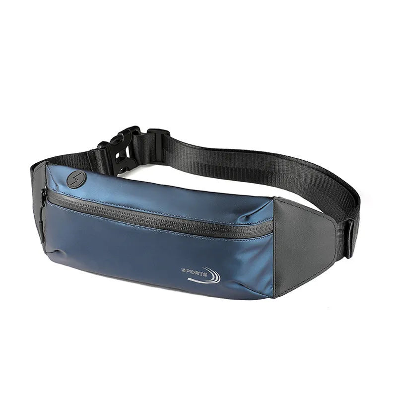 Men's blue waterproof waist bag with adjustable strap and front compartment for sports use