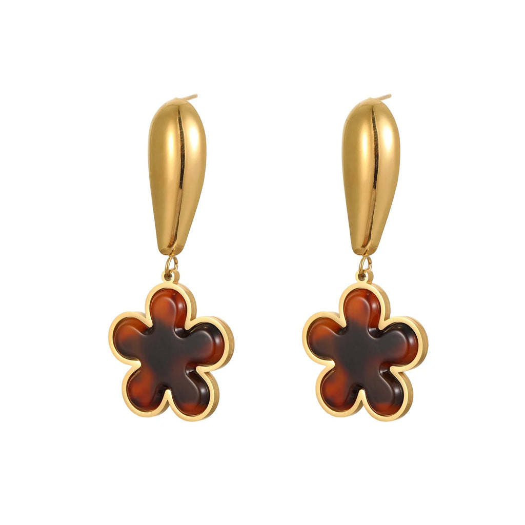 Tortoiseshell resin hawksbill colour earrings with 18K gold electroplating, showing heart-shaped and flower geometric designs