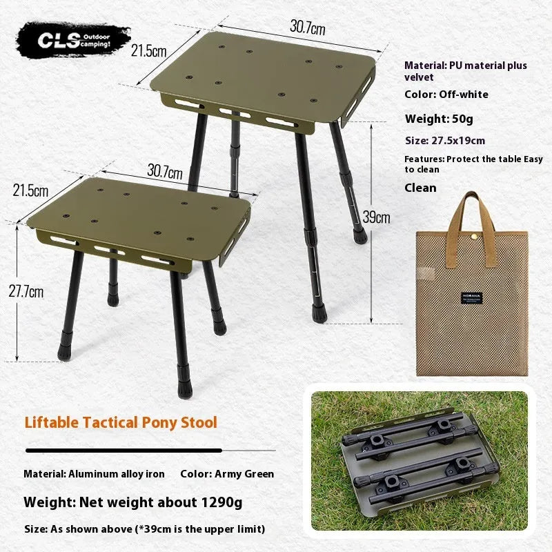 CLS aluminium alloy dual-use camping stool converted to small table with Army Green PU mat cushion