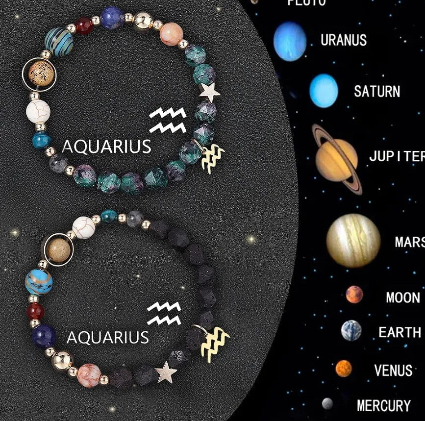 Set of twelve natural stone beaded bracelets with zodiac sign charm pendants on a white background.
