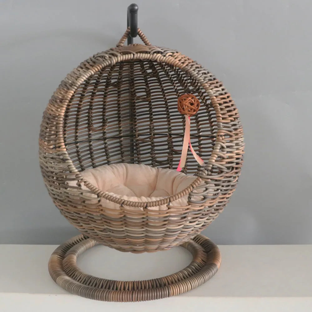 Rattan cat nest hanging basket semi-closed large size natural colour woven from PP rattan and seaweed