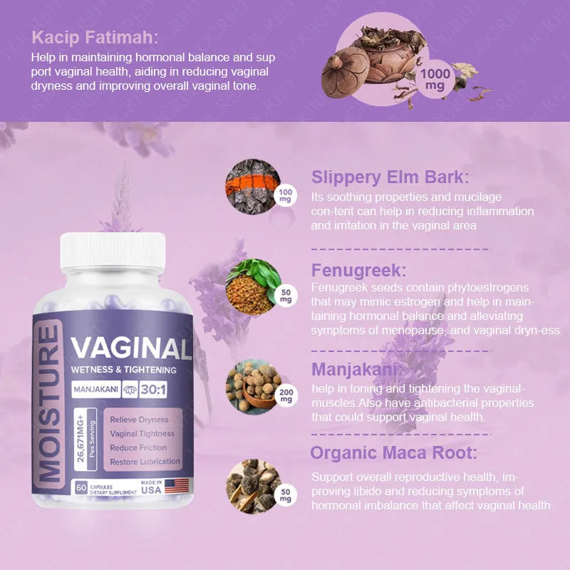 Bottle containing 60 vaginal capsules for women's intimate health with extraction process