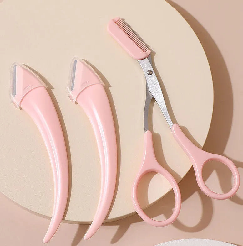 Curved moon eyebrow trimming knife with comb in white and pink colour options