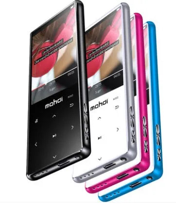 Portable sports MP3 player with 2.4-inch touchscreen showing music interface, available in black, blue, red, or silver