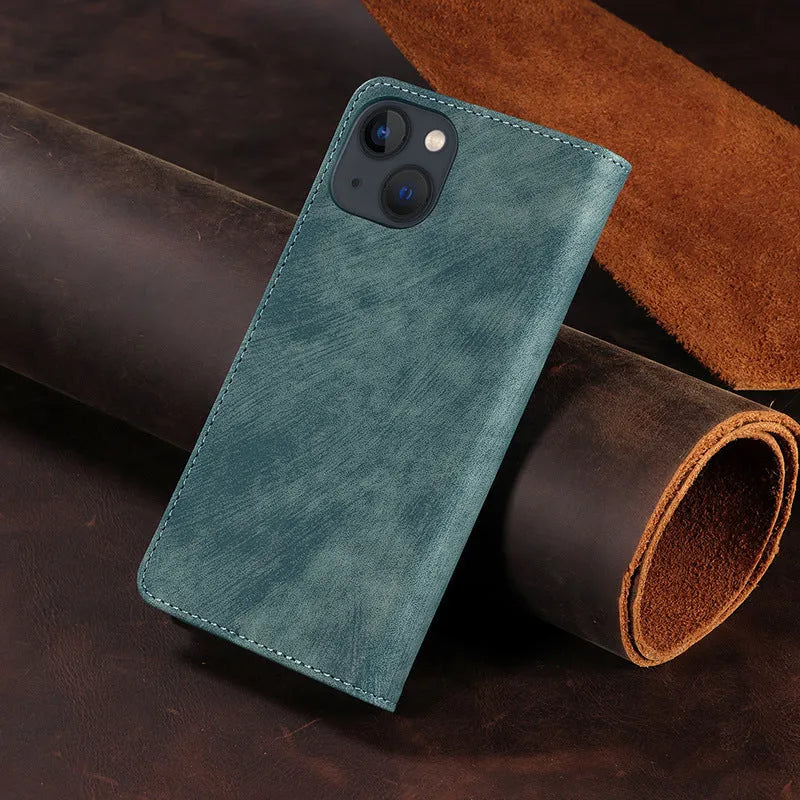 Magnetic flip phone case in solid colour for iPhone, showing TPU frame and leather cover.