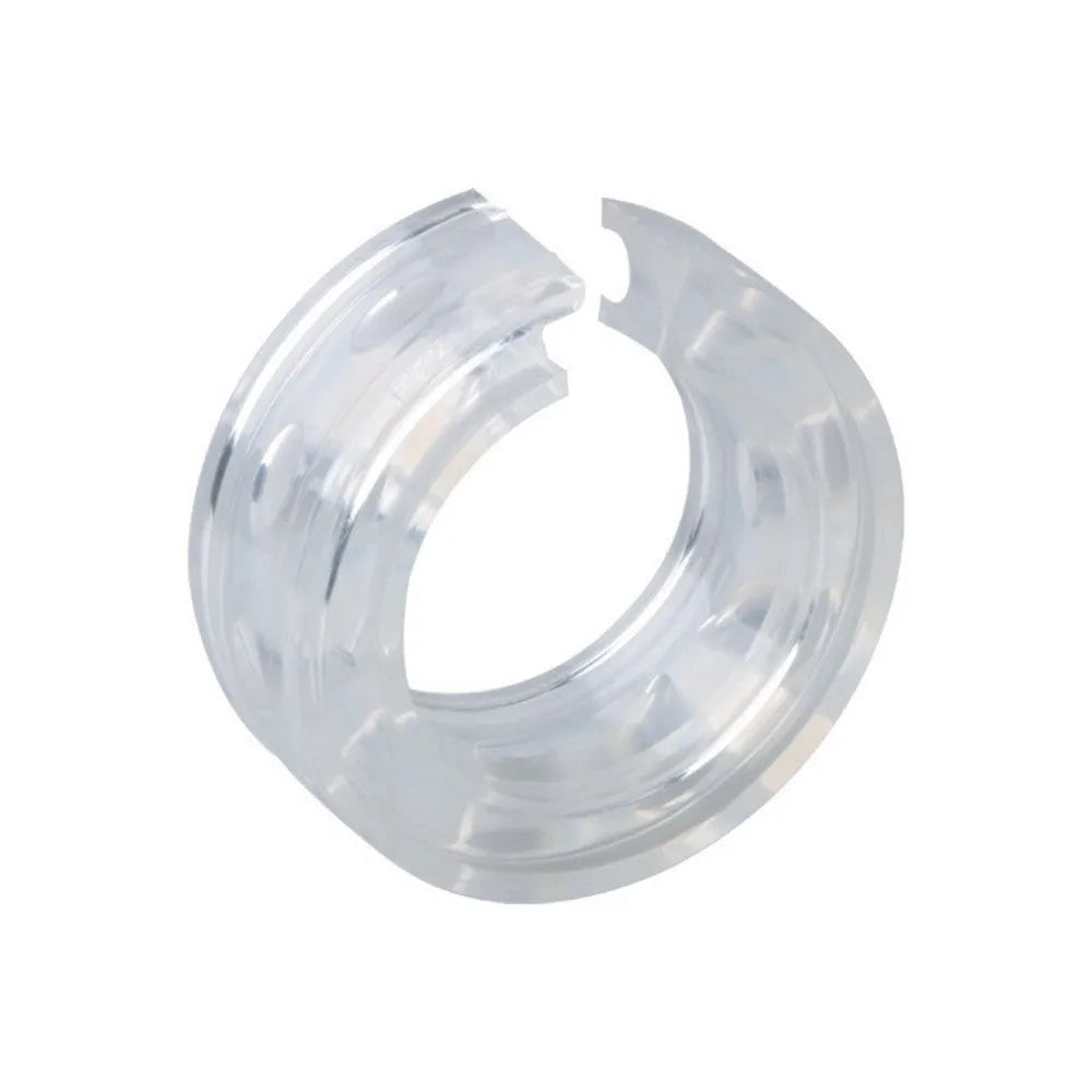 A pair of transparent rubber shock absorbers for car suspension springs, shown with size measurement diagram.