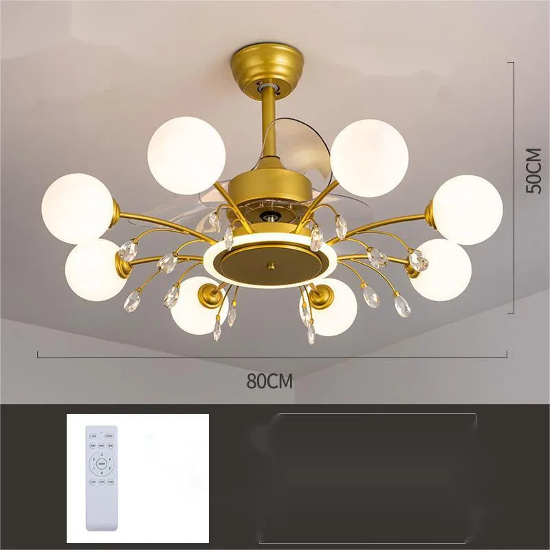 Gold finish ceiling fan chandelier with multiple lights and metal blades, shown installed in a living room.