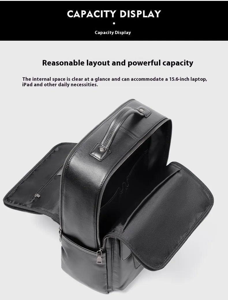 Black genuine leather men's computer backpack with a 36-55L capacity and contoured back plate.
