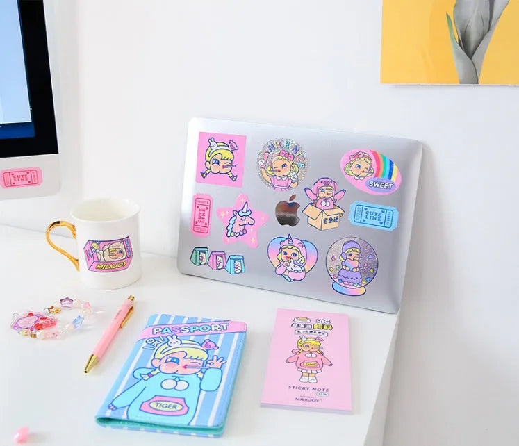 Square PVC cartoon sticker set with 16 stickers and storage box in comics style