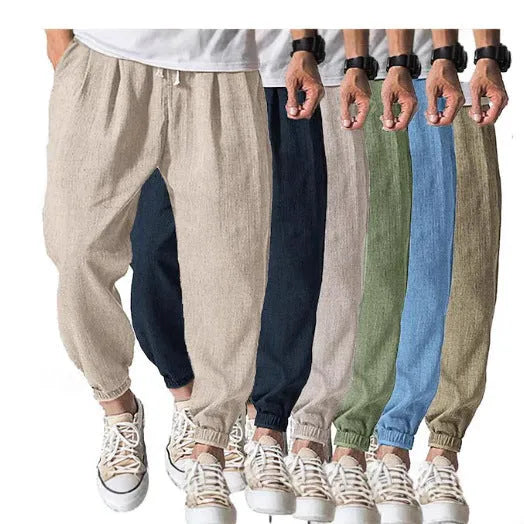 Men's loose cotton ankle pants with elasticated bands in light green colour